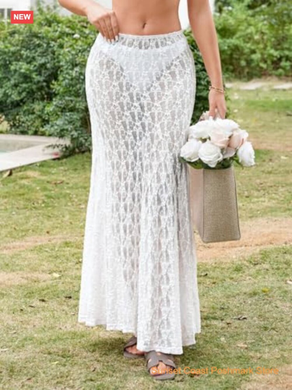 Sheer Lace High Waist A-Line Maxi Skirt Flowy Beach Cover Up - Picture 5 of 7